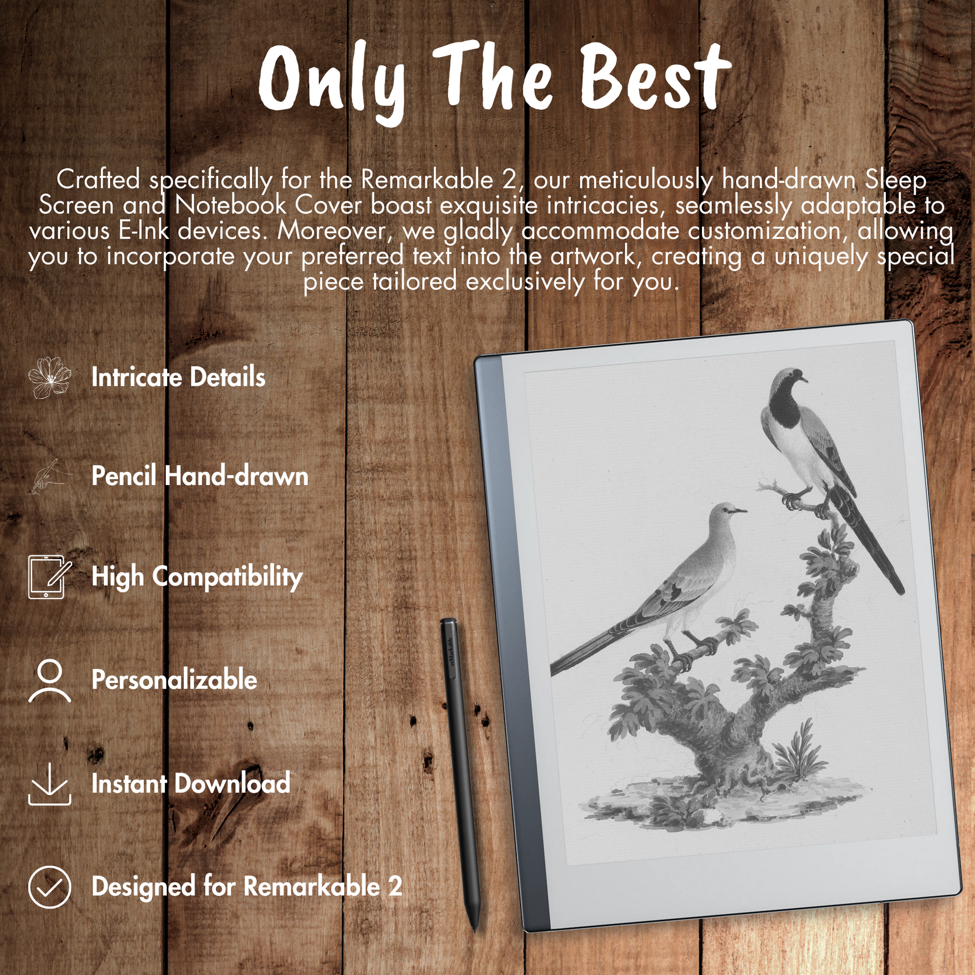 Our meticulously hand-drawn Sleep Screen and Notebook Cover boast exquisite intricacies, seamlessly adaptable to various E-Ink devices. Moreover, we gladly accommodate customization, allowing you to incorporate your preferred text into the artwork, creating a uniquely special piece tailored exclusively for you.