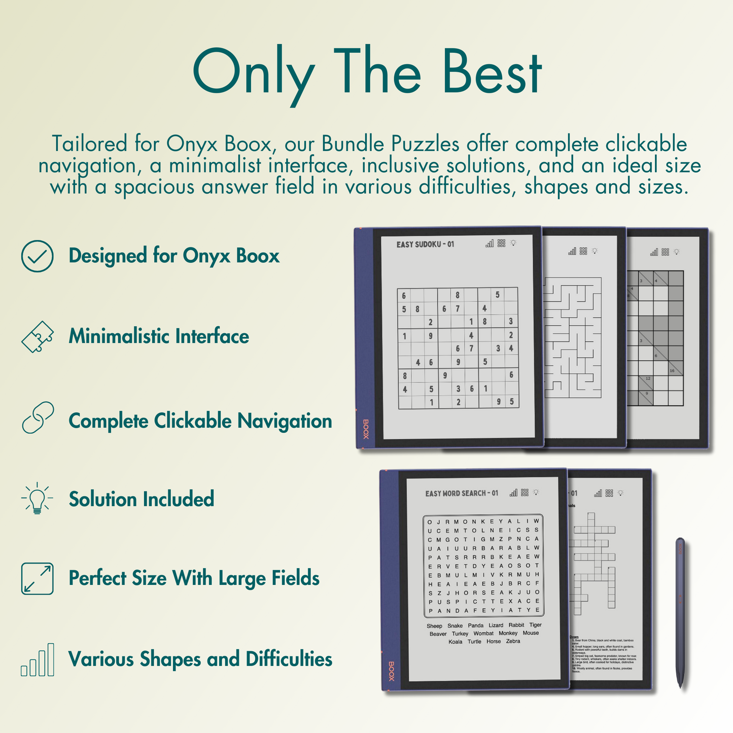 The Bundle offer complete clickable navigation, a minimalist interface, inclusive solutions, and an ideal size with a spacious answer field in various difficulties, shapes and sizes for Onyx Boox e-ink screen.