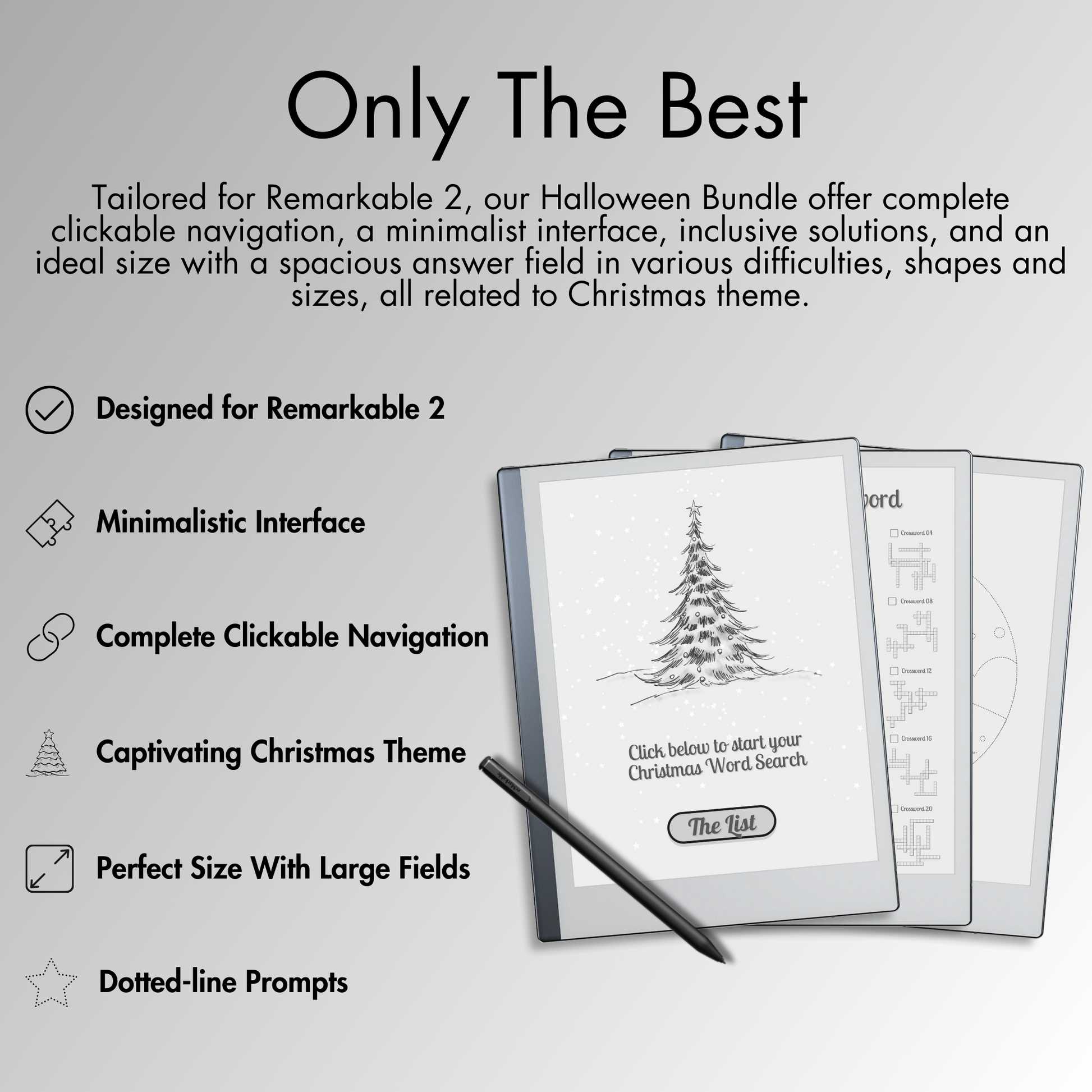 The Bundle offers complete clickable navigation, a minimalist interface, inclusive solutions, and an ideal size with a spacious answer field in various holiday-themed difficulties, shapes, and sizes for Remarkable 2's e-ink screen, perfect for adding festive cheer to your holiday season.
