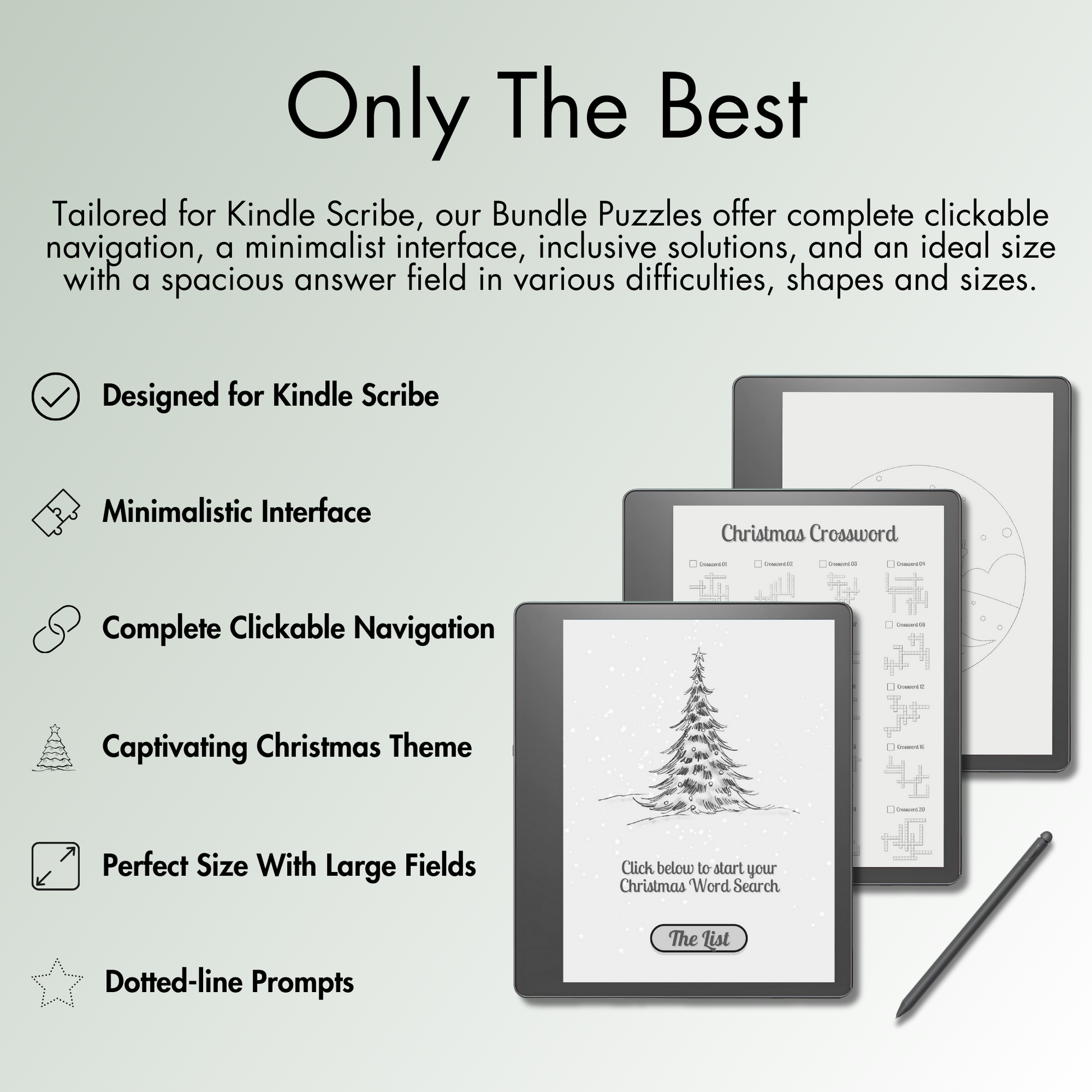 The Bundle offers complete clickable navigation, a minimalist interface, inclusive solutions, and an ideal size with a spacious answer field in various holiday-themed difficulties, shapes, and sizes for Kindle Scribe's e-ink screen, perfect for adding festive cheer to your holiday season.