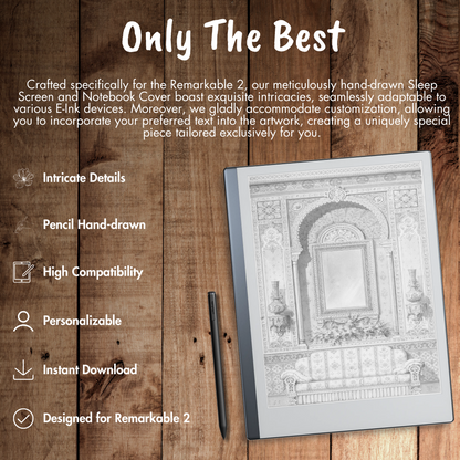 Our meticulously hand-drawn Sleep Screen and Notebook Cover boast exquisite intricacies, seamlessly adaptable to various E-Ink devices. Moreover, we gladly accommodate customization, allowing you to incorporate your preferred text into the artwork, creating a uniquely special piece tailored exclusively for you.