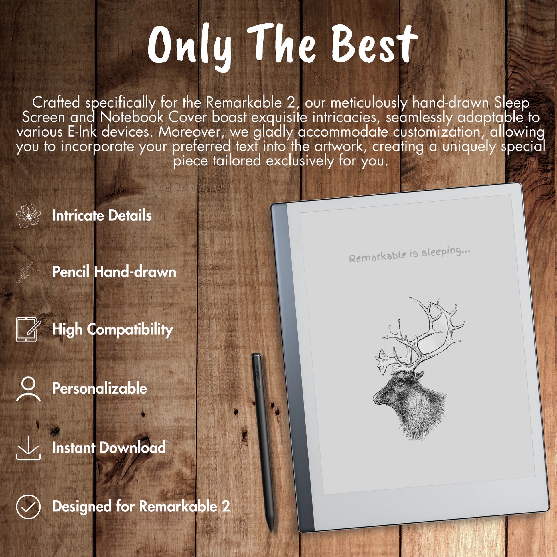 Our meticulously hand-drawn Sleep Screen and Notebook Cover boast exquisite intricacies, seamlessly adaptable to various E-Ink devices. Moreover, we gladly accommodate customization, allowing you to incorporate your preferred text into the artwork, creating a uniquely special piece tailored exclusively for you.