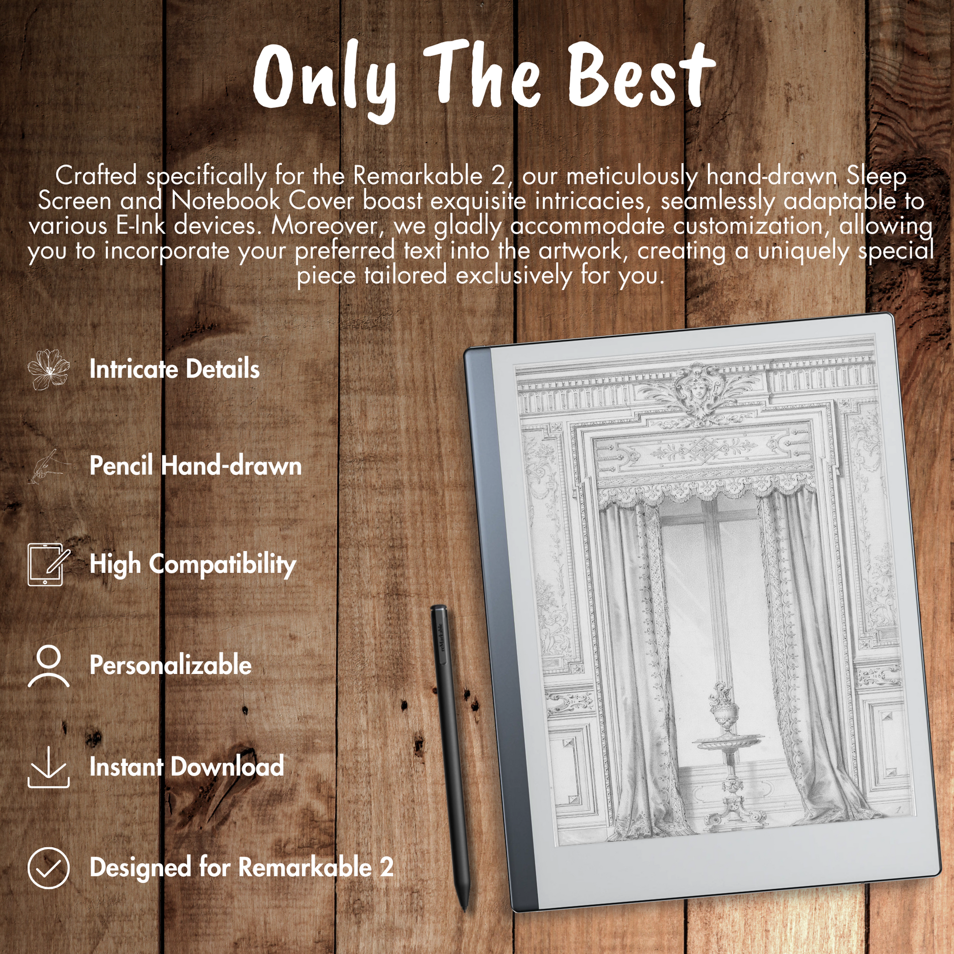 Our meticulously hand-drawn Sleep Screen and Notebook Cover boast exquisite intricacies, seamlessly adaptable to various E-Ink devices. Moreover, we gladly accommodate customization, allowing you to incorporate your preferred text into the artwork, creating a uniquely special piece tailored exclusively for you.