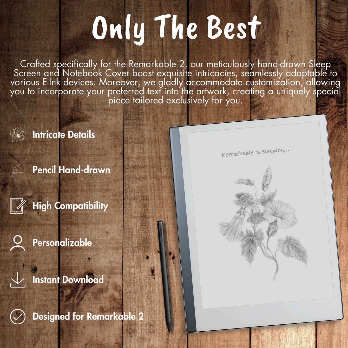 Our meticulously hand-drawn Sleep Screen and Notebook Cover boast exquisite intricacies, seamlessly adaptable to various E-Ink devices. Moreover, we gladly accommodate customization, allowing you to incorporate your preferred text into the artwork, creating a uniquely special piece tailored exclusively for you.