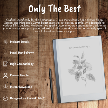 Our meticulously hand-drawn Sleep Screen and Notebook Cover boast exquisite intricacies, seamlessly adaptable to various E-Ink devices. Moreover, we gladly accommodate customization, allowing you to incorporate your preferred text into the artwork, creating a uniquely special piece tailored exclusively for you.