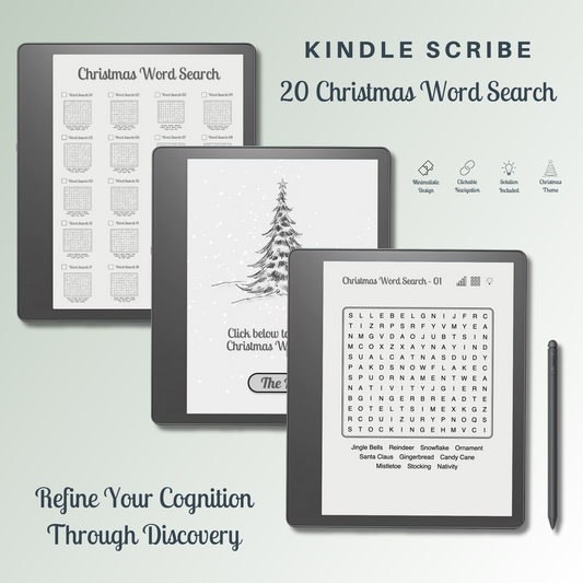 This is a Digital Download of 20 Christmas Word Search Puzzles designed for Kindle Scribe.