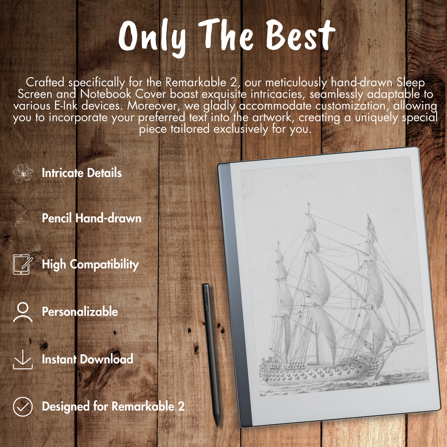 Our meticulously hand-drawn Sleep Screen and Notebook Cover boast exquisite intricacies, seamlessly adaptable to various E-Ink devices. Moreover, we gladly accommodate customization, allowing you to incorporate your preferred text into the artwork, creating a uniquely special piece tailored exclusively for you.