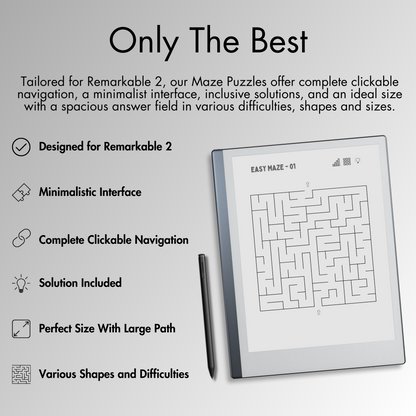 Our Maze Puzzles offer complete clickable navigation, a minimalist interface, inclusive solutions, and an ideal size with a spacious answer field for Remarkable 2 E-Ink screen.
