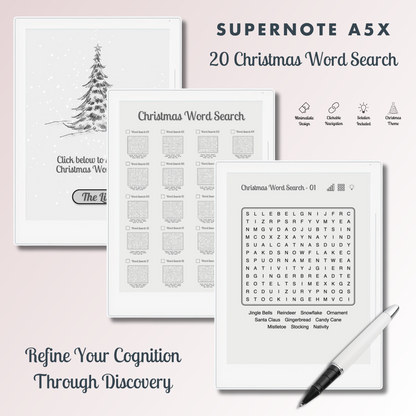 This is a Digital Download of 20 Christmas Word Search Puzzles designed for Supernote A5X and A6X.