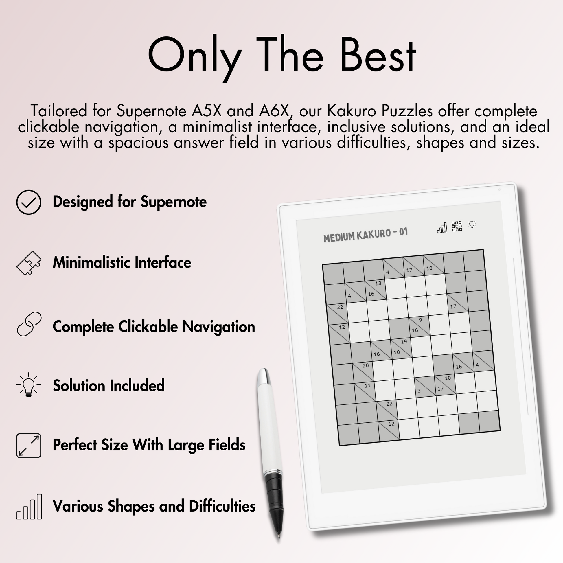 Our Kakuro Puzzles offer complete clickable navigation, a minimalist interface, inclusive solutions, and an ideal size with a spacious answer field for Supernote A5X and A6X E-Ink screen.