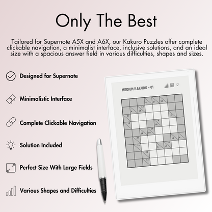 Our Kakuro Puzzles offer complete clickable navigation, a minimalist interface, inclusive solutions, and an ideal size with a spacious answer field for Supernote A5X and A6X E-Ink screen.