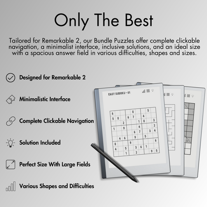 The Bundle offer complete clickable navigation, a minimalist interface, inclusive solutions, and an ideal size with a spacious answer field in various difficulties, shapes and sizes for Remarkable 2 e-ink screen.