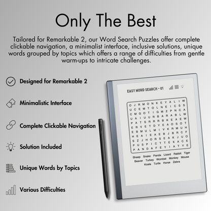 Our Word Search Puzzles offer complete clickable navigation, a minimalist interface, inclusive solutions, unique words grouped by topics which offers a range of difficulties from gentle warm-ups to intricate challenges.