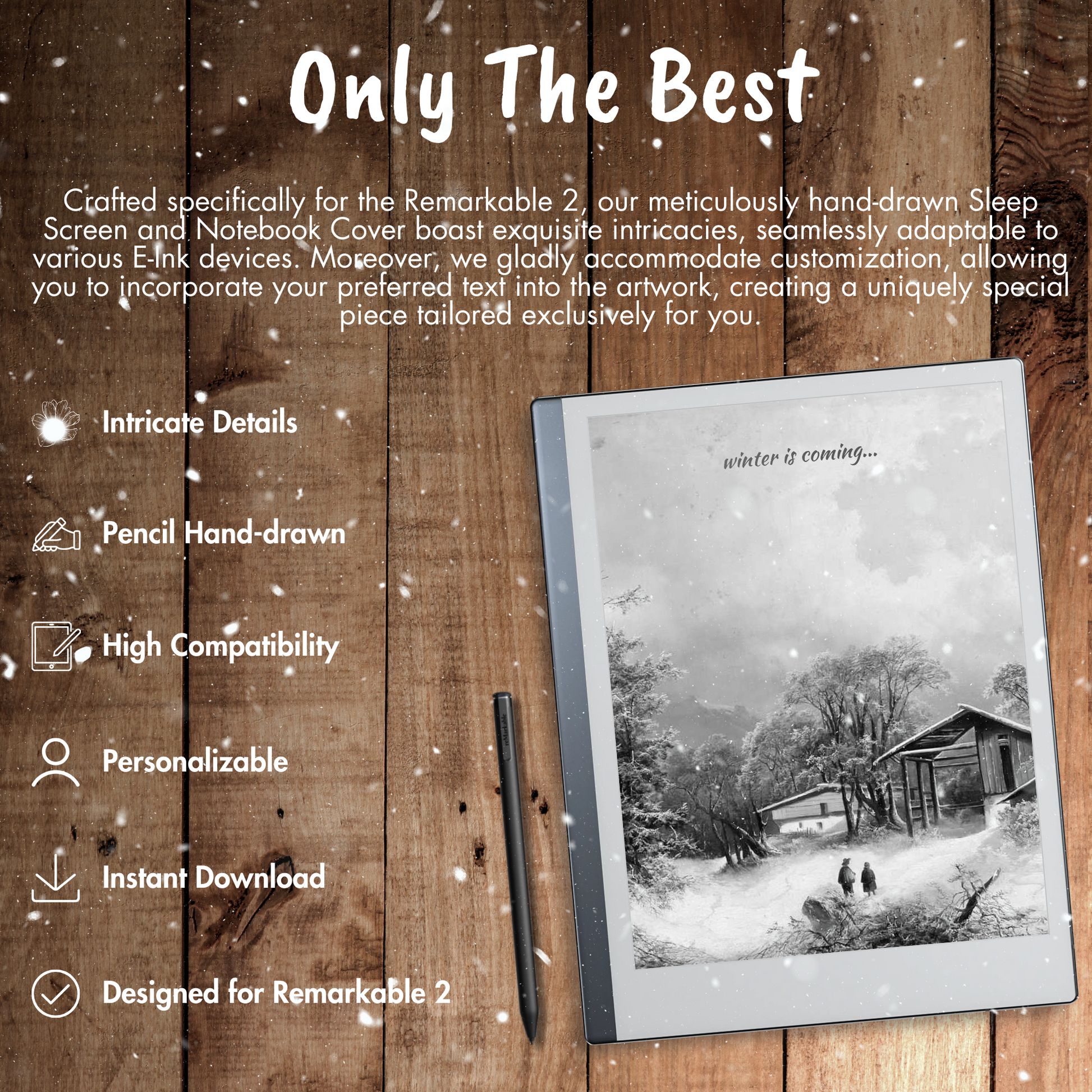 Elevate your Christmas cheer with our PREMIUM Remarkable 2 Sleep Screen & Notebook Cover Artwork. Instantly download personalized, intricately detailed hand-drawn images that beautifully capture the enchantment of the season. Customize your sleep experience with heartwarming scenes, ensuring a cozy and delightful rest during this joyful time of the year.