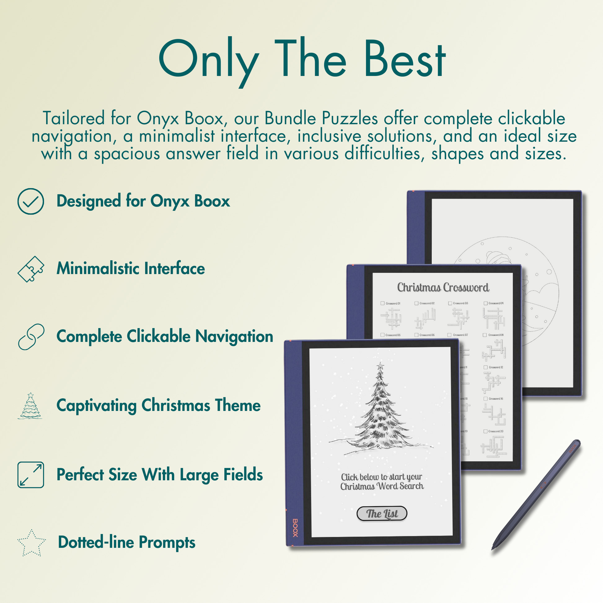 The Bundle offers complete clickable navigation, a minimalist interface, inclusive solutions, and an ideal size with a spacious answer field in various holiday-themed difficulties, shapes, and sizes for Onyx Boox's e-ink screen, perfect for adding festive cheer to your holiday season.