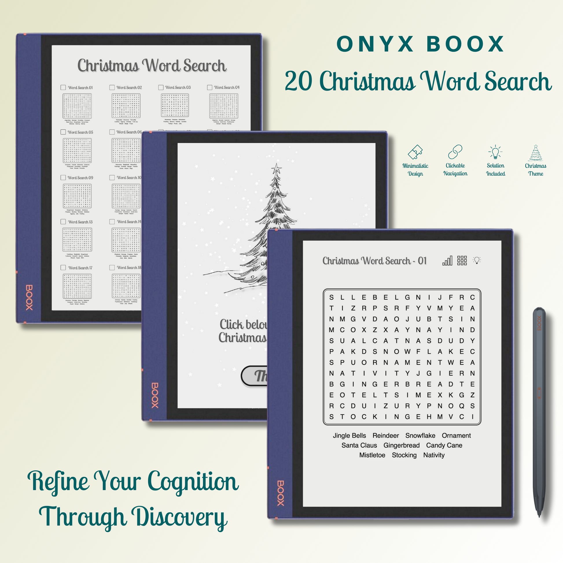 This is a Digital Download of 20 Christmas Word Search Puzzles designed for Onyx Boox. Compatible with Boox Note Air 1, Boox Note Air 2, Boox Note Air Plus, Boox Nova Air, Boox Nova Air C, Boox Tab Ultra and Boox Tab Ultra C.