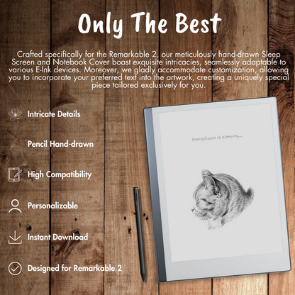Our meticulously hand-drawn Sleep Screen and Notebook Cover boast exquisite intricacies, seamlessly adaptable to various E-Ink devices. Moreover, we gladly accommodate customization, allowing you to incorporate your preferred text into the artwork, creating a uniquely special piece tailored exclusively for you.