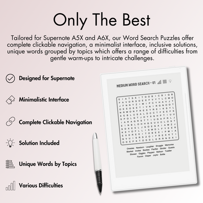 Our Word Search Puzzles offer complete clickable navigation, a minimalist interface, inclusive solutions, unique words grouped by topics which offers a range of difficulties from gentle warm-ups to intricate challenges.