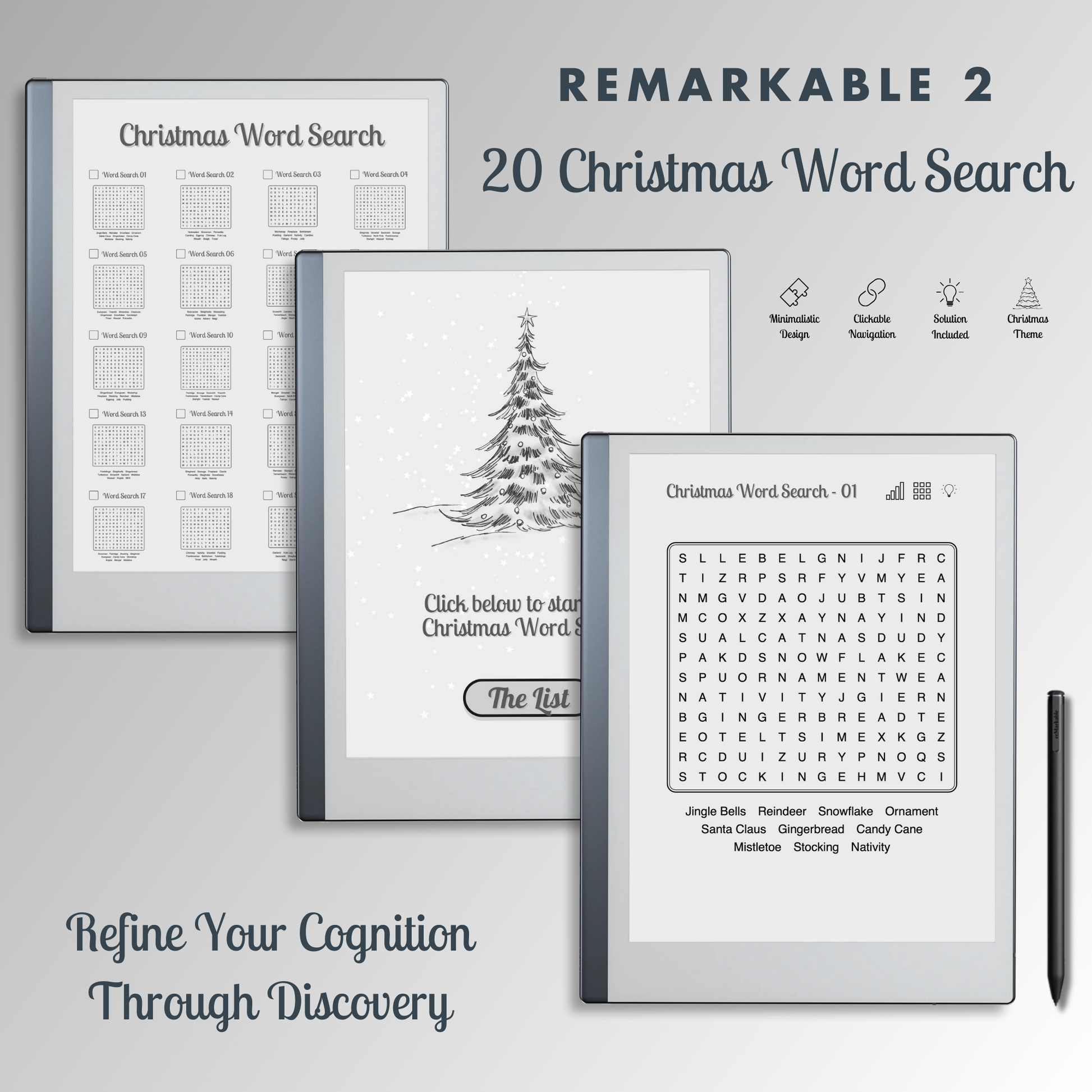 This is a Digital Download of 20 Christmas Word Search Puzzles designed for Remarkable 2.