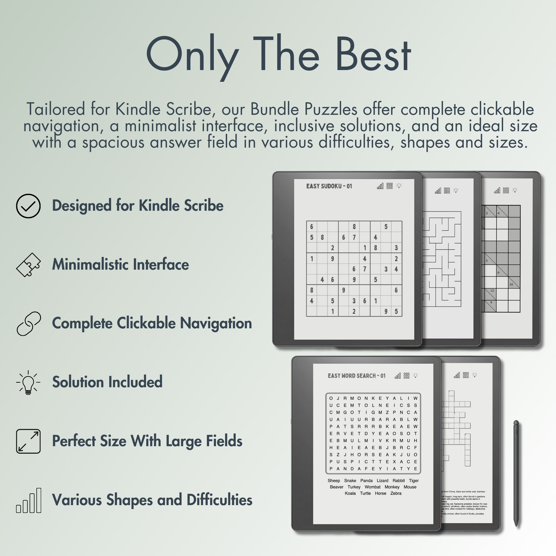 The Bundle offer complete clickable navigation, a minimalist interface, inclusive solutions, and an ideal size with a spacious answer field in various difficulties, shapes and sizes for Kindle Scribe e-ink screen.