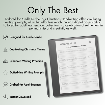Immerse yourself in the festive spirit with our meticulously crafted Digital Product. Experience the enchanting atmosphere as you elevate your writing precision. Engage with inspiring writing prompts, all easily accessible through digital convenience. Tailored for adult learners, our collection is a celebration of elegance in penmanship and creativity, perfect for embracing the holiday season.