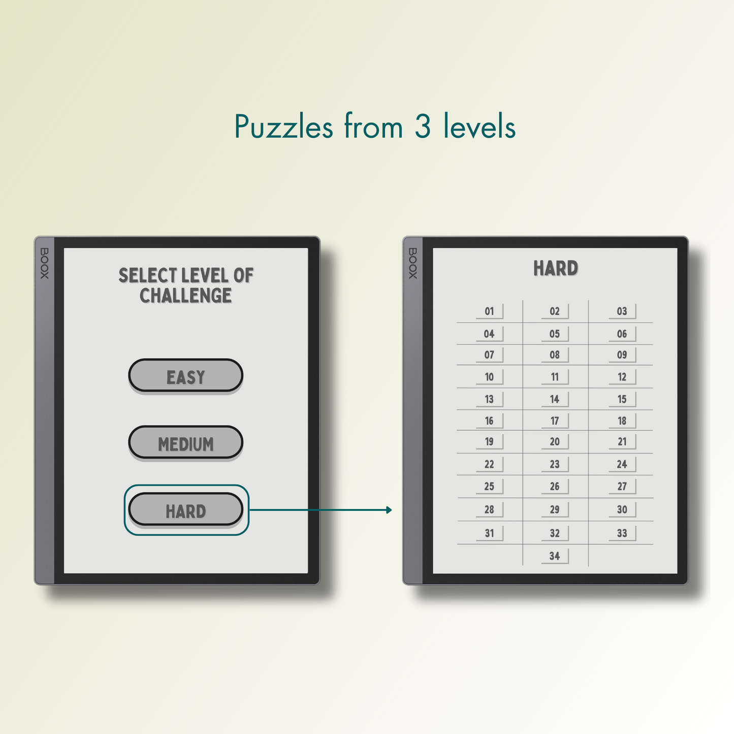Onyx Boox Word Search Puzzles in 3 different levels.