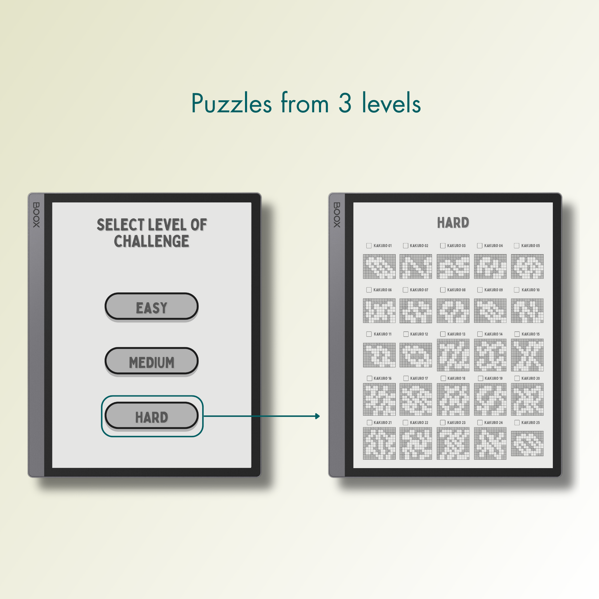 Onyx Boox Kakuro Puzzles in 3 different levels.