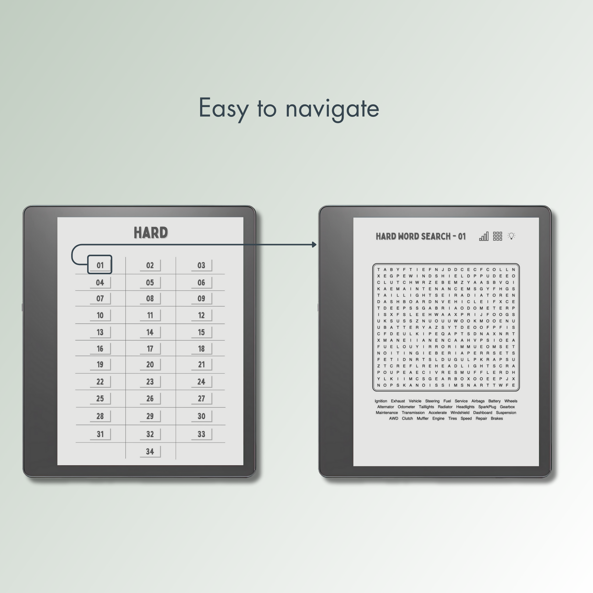 Kindle Scribe Word Search Puzzles with easy navigations.