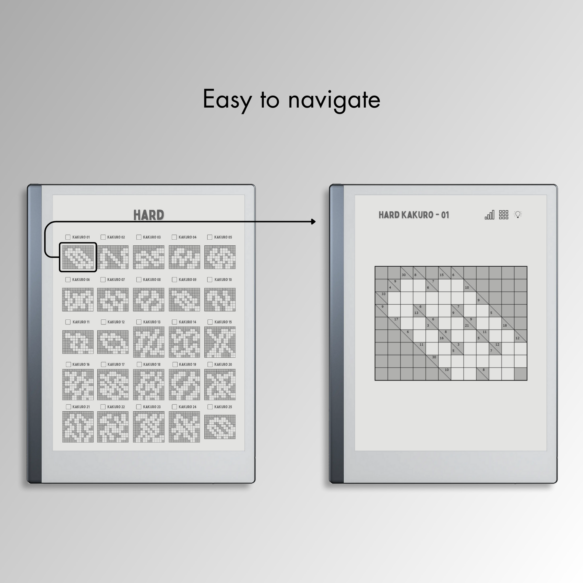 Remarkable 2 Kakuro Puzzles with easy navigations.