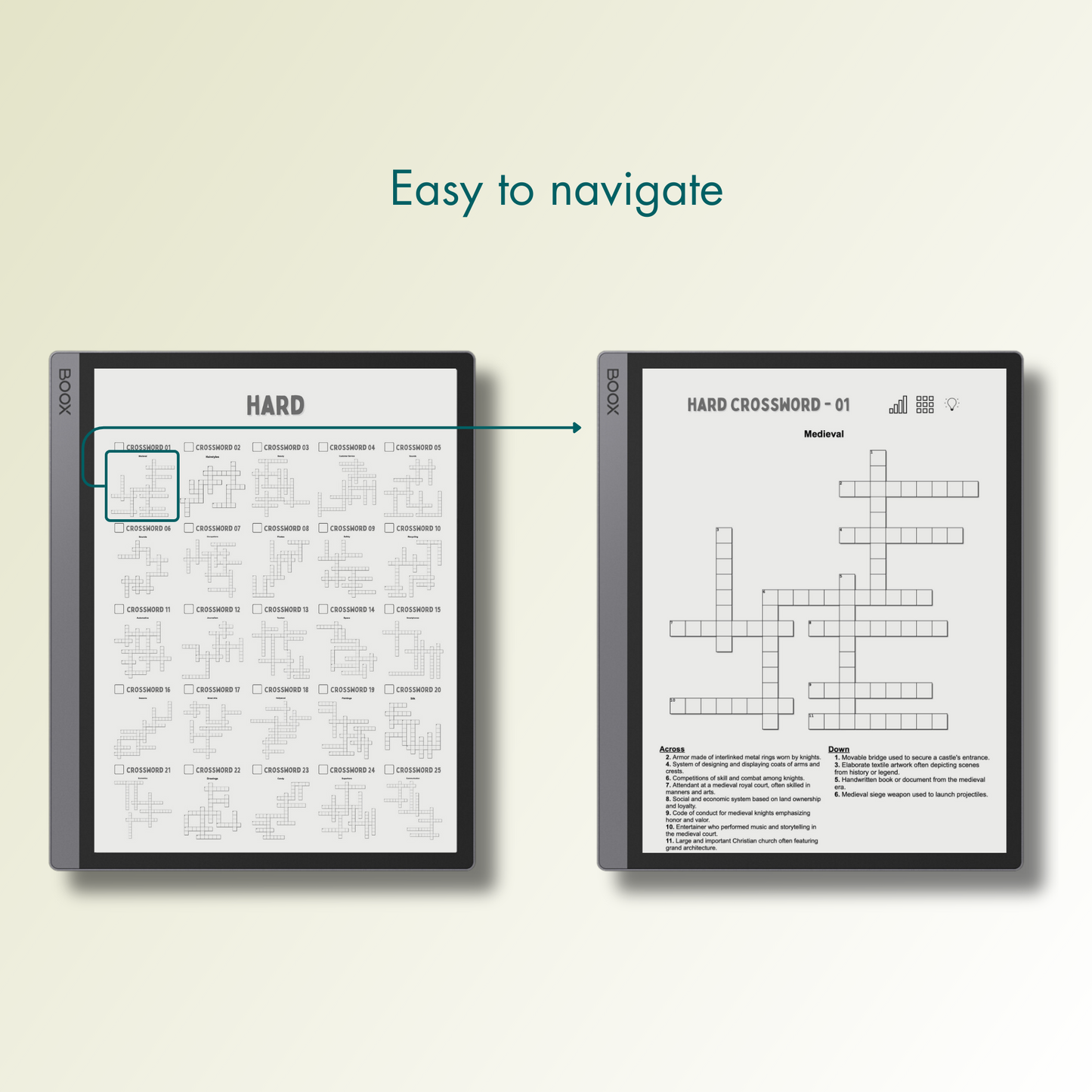 Onyx Boox Crossword Puzzles with easy navigations.