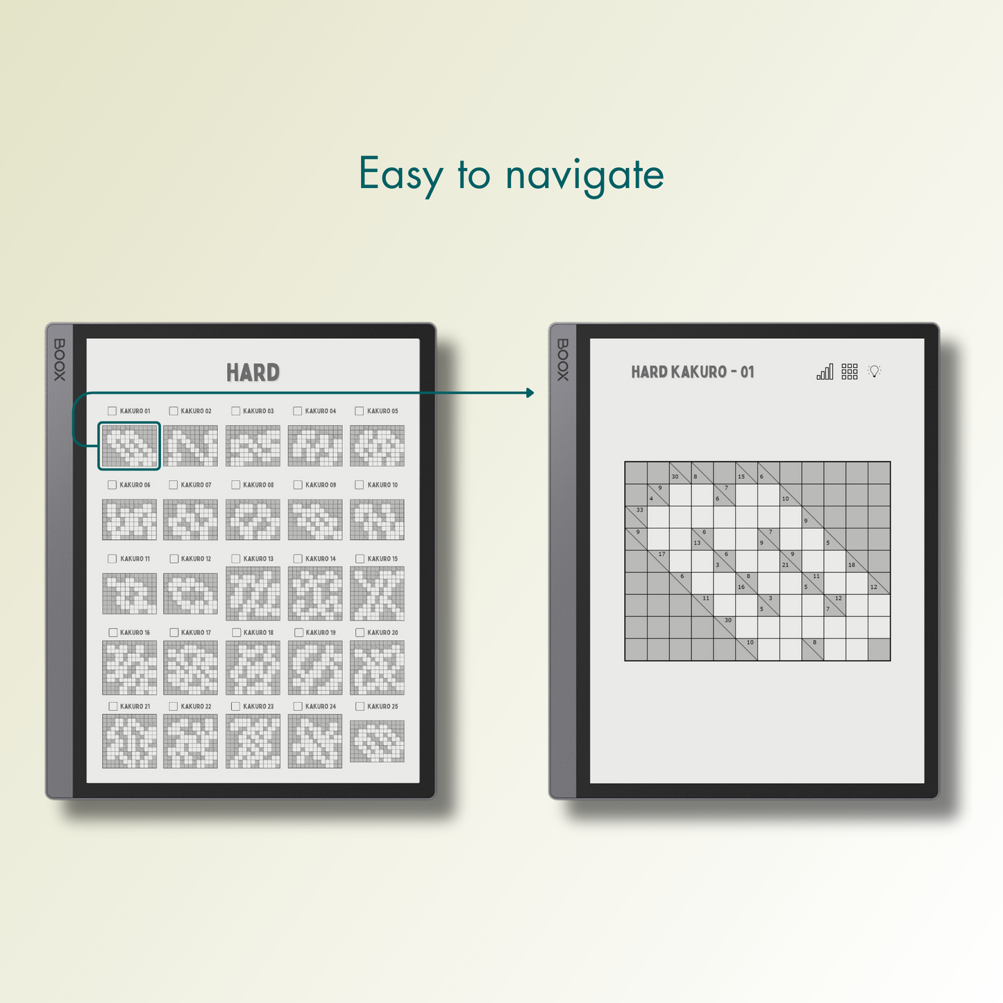 Onyx Boox Kakuro Puzzles with easy navigations.