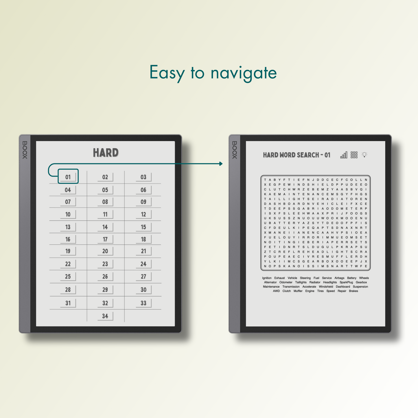 Onyx Boox Word Search Puzzles with easy navigations.