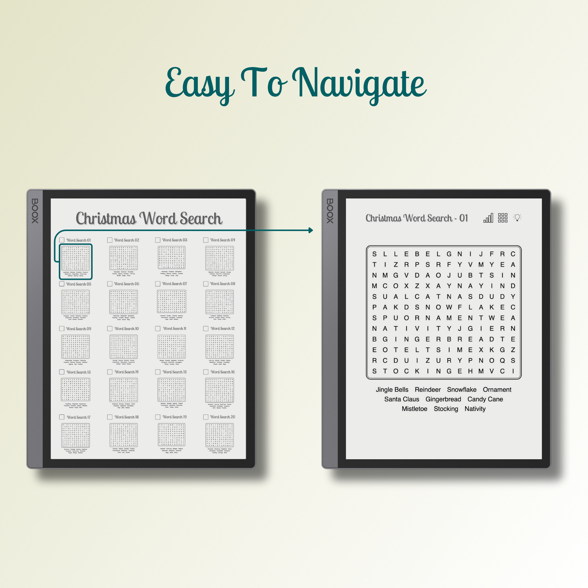 Onyx Boox Christmas Word Search with easy navigations.