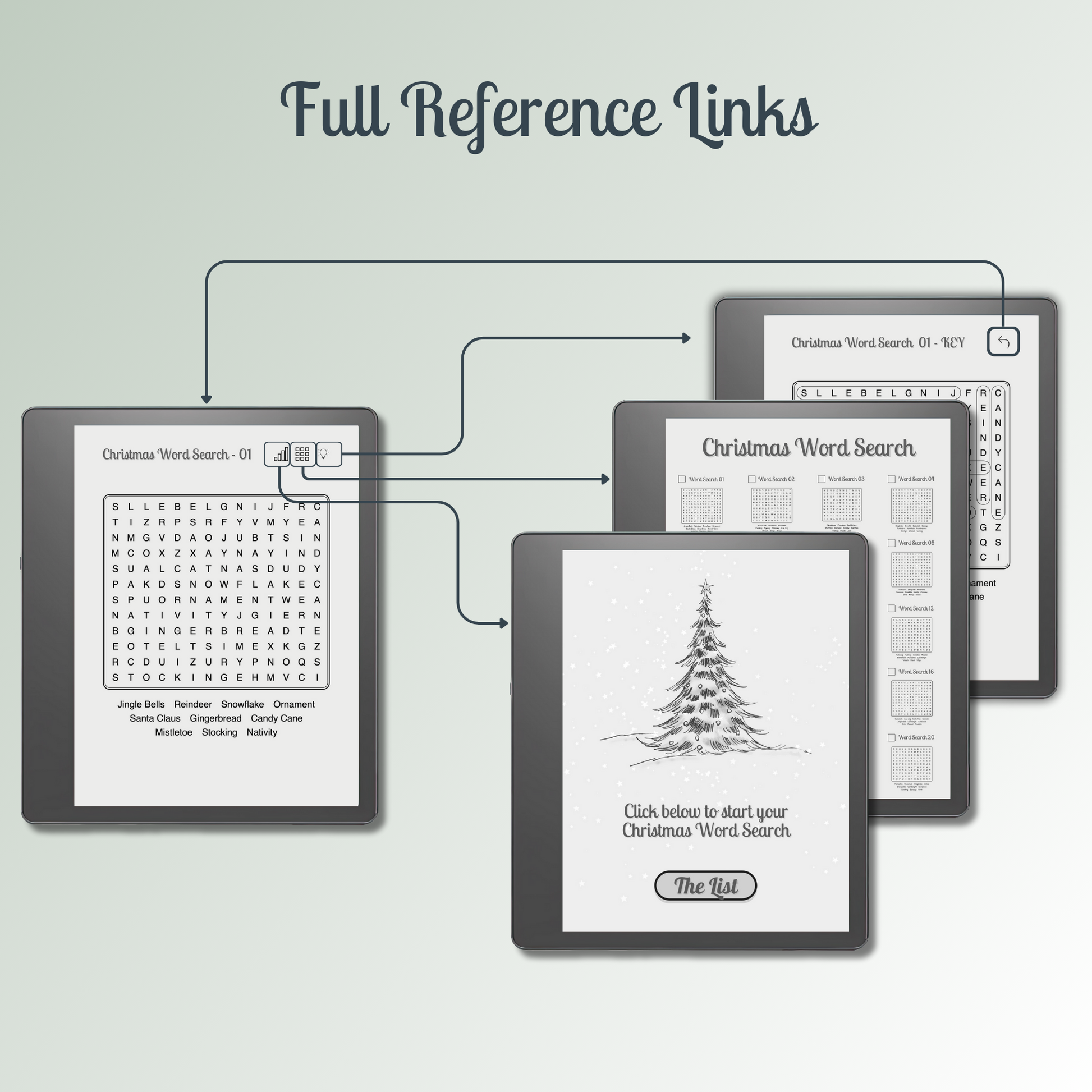 Kindle Scribe Christmas Word Search with full referenced links.