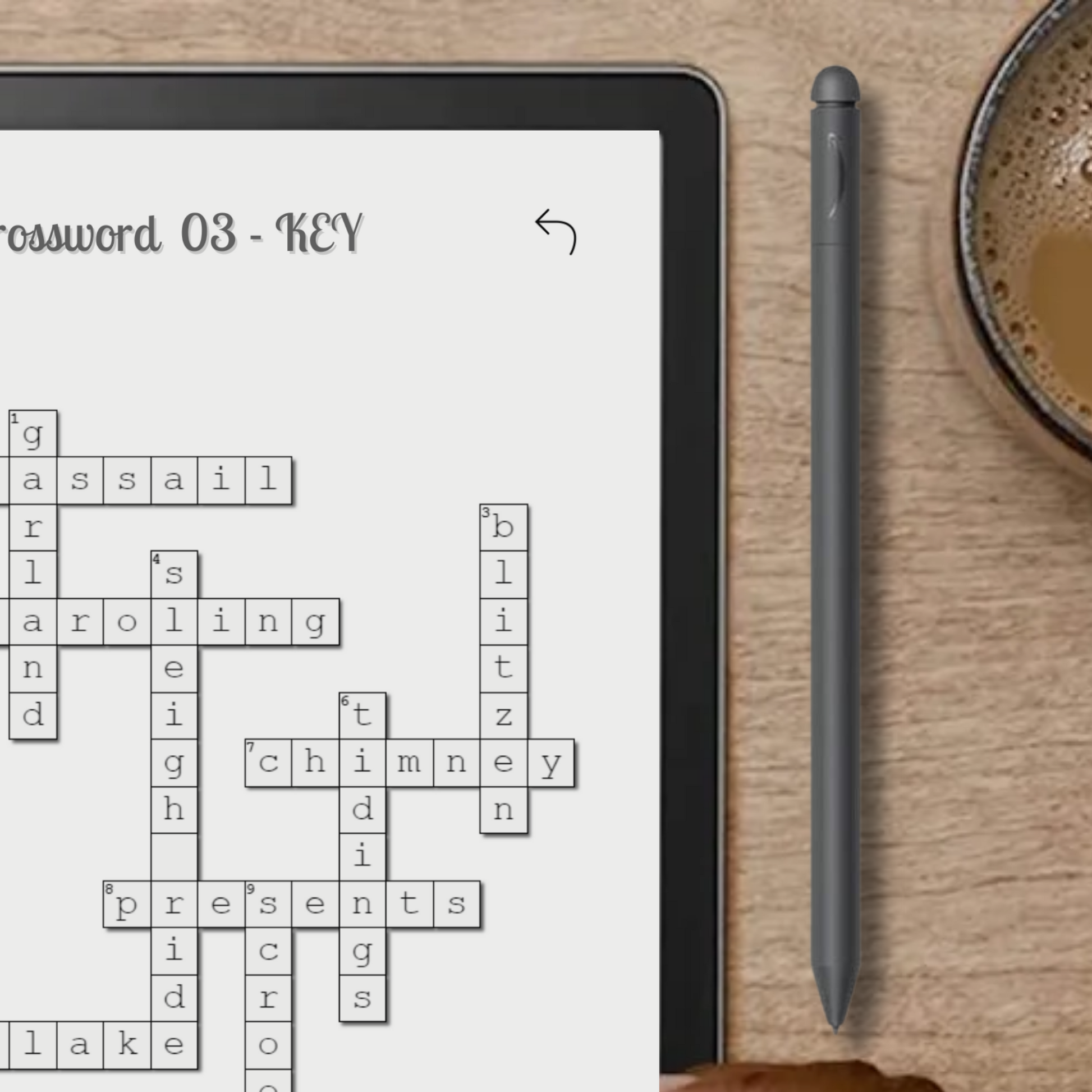 Kindle Scribe Christmas Crossword in use.