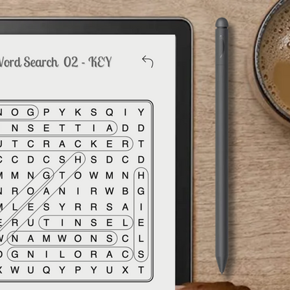 Kindle Scribe Christmas Word Search in use.